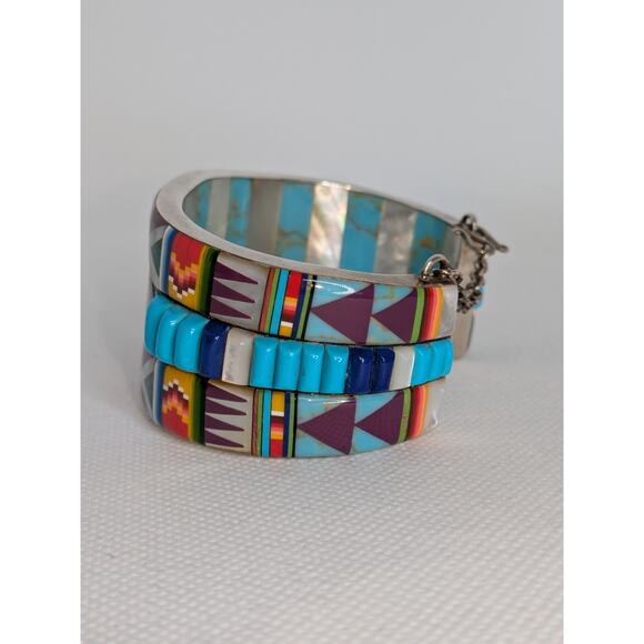 RR Sterling Silver Navajo Inlay Bracelet Multicolored Bear Space Tribal Cuff 925 - Picture 3 of 8